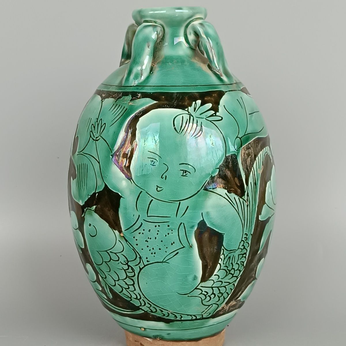 Vintage Collectible Pottery - Антикварная винтажная ваза с четырьмя ручками,